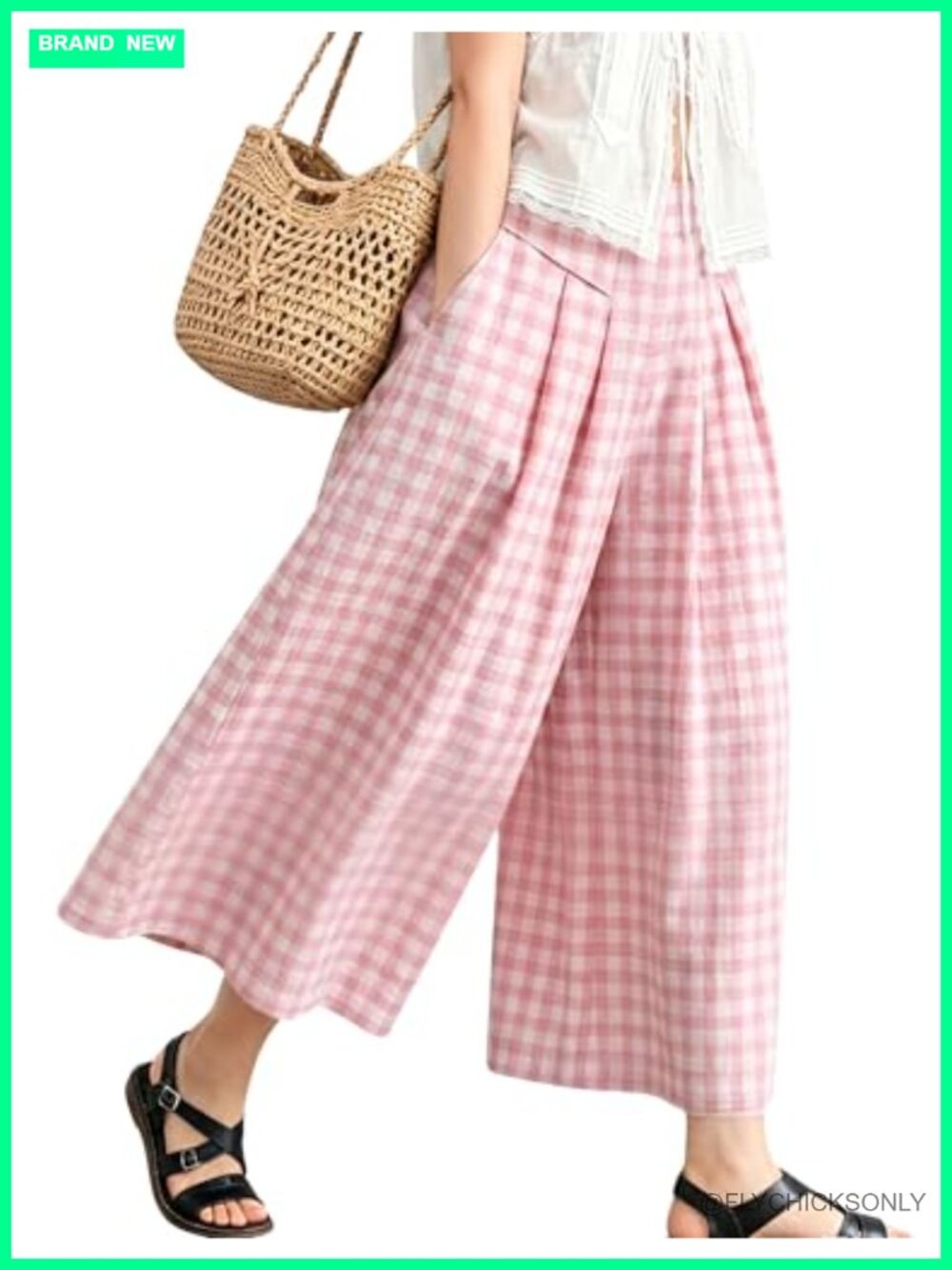Wide Leg Culottes Pants Gingham Check High Waisted Pleated Casual Trousers